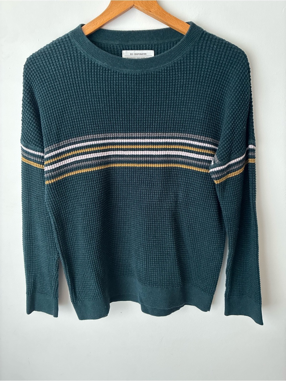 REI Co-op Sweater Women’s M Wallace Lake Waffle Green Striped Organic Cotton